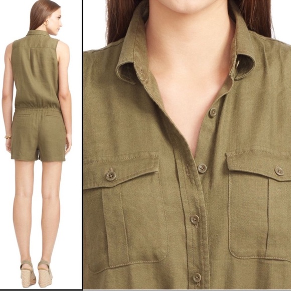 Ralph Lauren linen blend sleeveless romper olive green pockets Size 10 - Picture 3 of 8